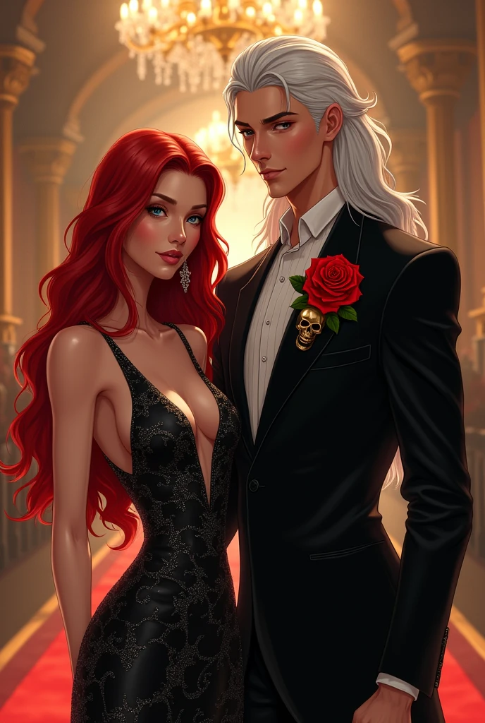 A couple is attending a lavish gala in a grand, opulent mansion. The woman is a young lady with peach skin and long, wavy red hair. She is wearing a striking black and silver evening gown adorned with a red rose, exuding elegance and confidence. Beside her stands a handsome 3 man with long white hair, dressed in all black suit. A red rose is pinned to his lapel, alongside a golden skull, adding a touch of mystery and sophistication to his appearance. The atmosphere is luxurious, with chandeliers casting a warm glow over the scene. (Illustration)