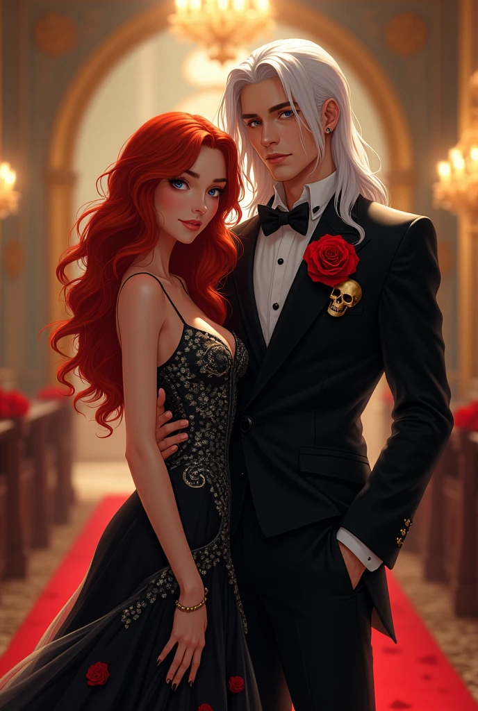 A couple is attending a lavish gala in a grand, opulent mansion. The woman is a young lady with peach skin and long, wavy red hair. She is wearing a striking black and silver evening gown adorned with  a red rose, exuding elegance and confidence. Beside her stands a handsome 3 man with long white hair, dressed in all black suit. A red rose is pinned to his lapel, alongside a golden skull, adding a touch of mystery and sophistication to his appearance. The atmosphere is luxurious, with chandeliers casting a warm glow over the scene. (Illustration) 