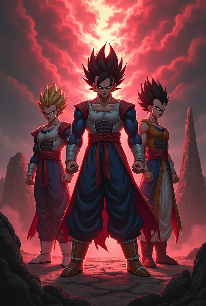 an image in which Vegeta is found, raditz and napa in a background like hell
