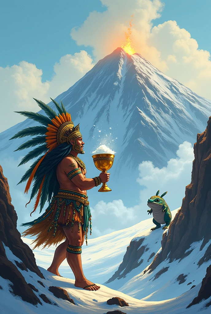 Create a logo that depicts an Aztec warrior climbing the steep slopes of the Popocatépetl volcano to bring sacred snow to a cute axolotl. The warrior should be shown with traditional Aztec attire, carrying a carefully protected bundle of snow in a golden cup. The axolotl, awaiting at the base of the volcano, should be portrayed with a wise and mystical aura, symbolizing a guardian of ancient traditions. Incorporate elements such as the rugged mountain terrain, the golden cup of snow, and traditional Aztec patterns. The design should evoke a sense of reverence, endurance, and the sacred bond between the Aztecs and their natural world, with colors that reflect the purity of snow, the warmth of honey, and the mysticism of the legend