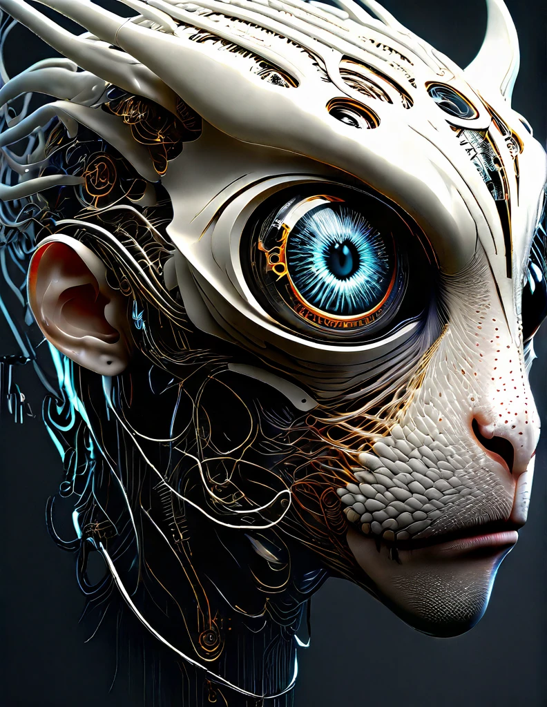 cyborg animal creature,white human face, biomechanical, organic and mechanical fusion, dark dystopian environment, intricate design, otherworldly, eerie atmosphere
(detailed face:1.05), hyperrealistic, photorealistic