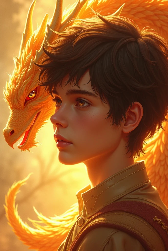 A 1 American teenage prince.
Her short brown hair and her honey-colored eyes.
Behind him a golden-colored dragon phoenix.
Must have American features.