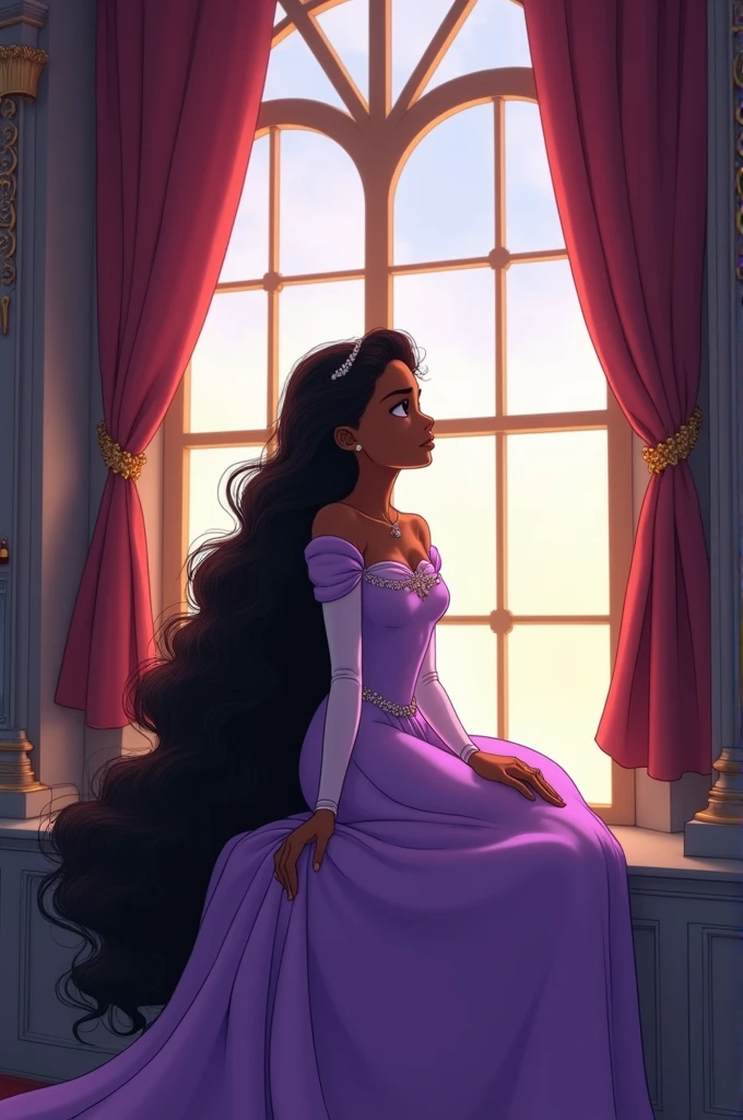 Disney Pixar anime entitled "Princess" with a picture of a beautiful young woman, dark brown skinned with long curly hair, wearing a princess Rapunzel dress from Tangled sitting alone in the window of a tower like in Tangled
