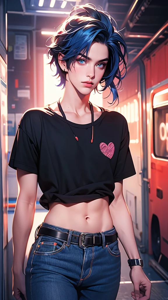 ((((((1boy)))))), fluffy vibrant blue hair, wolf ears, wolf tail, slim figure, ((pale skin)), RED eyes, dead expression, living room setting, seductive smug, baggy black hoodie, lean figure, big thighs, very slim waist, extremely big butt, bulge, thigh highs, blush