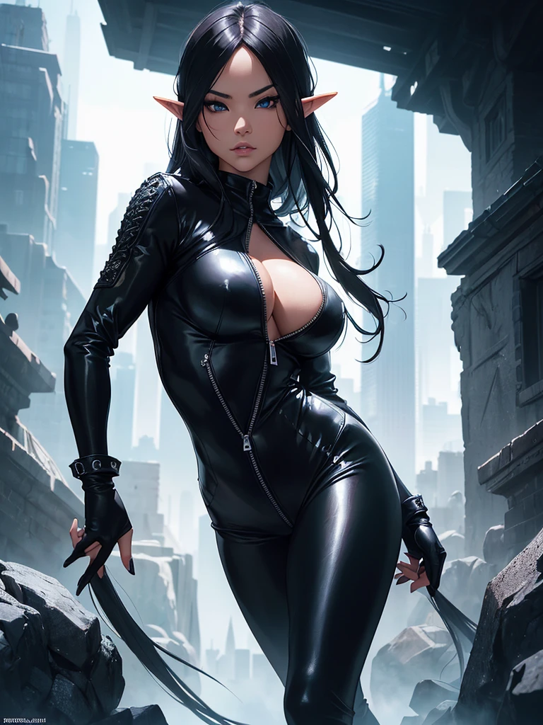 A beautiful busty Asian elf thief rogue assassin, wearing a tight black leather body suit unzipped to the bottom, (high quality, detailed, photorealistic, 8k, hyperrealistic:1.2), portrait, highly detailed facial features, extremely detailed eyes, striking gaze, elegant pose, dramatic lighting, cinematic atmosphere, dramatic shadows, vibrant colors, deep rich tones view from behind