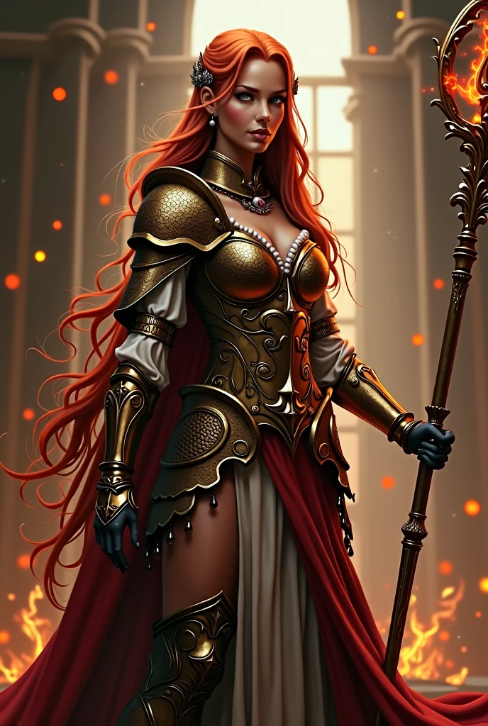 Beautiful girl in full growth , sorceress fire, in armor, stands at full height with a staff in his hands, off-shoulder, with long red hair, in room, soft lighting, Fighting pose, Fantasy, complex parts, warm colors full body