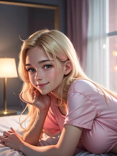 full body, a girl, , 150 cm tall, face with soft European features and innocent, light blond hair, medium breasts, medium ass, wearing short pink satin shorts, wearing a short pink satin T-shirt, lying face down on the bed, girl's bedroom, lamplight. with her back to the viewer, looking at the viewer, smiling at the viewer