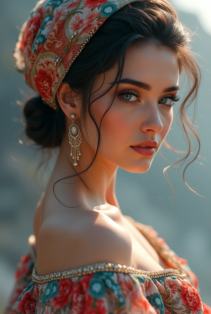 ((Half Body woman))perfect eyes, fantastic face, MiddleEastern, beautiful look, ((light lips, bright eyes, curve heir 1.5)), (((beautiful details very huge breast ))), (Straight round and ultra huge clevage breast), A glorious gorgeous, glorious gorgeous face, pretty face, bright eyes, (detailed different Colourful elegant Hijab with Designs with Voile, Textile with sleeves In Multi Colors), updo elegant hair, blurred gray tones background, ultra focus, face ilumined, face detailed, 8k resolution, painted, dry brush, brush strokes, razumov style and garmash style, by Tokaito, (fluorescent colours:1.4),(semi transparent:1.4),(retro filters:1.4),(fanciful:1.4), Soft Fluffy Soft Landscape Light Soft Whimsical Light Egeskov Castle Background Ultra Realistic Ultra High Quality Cinematic Lighting Huge Details Full HD Painting Plenty of light,diagonal bangs, Hijab With Hijab Headwear in Colors ,side masterpiece, best qualityer, realskin,(sportrait:1.5), 1girll, bluntbangs, (long wavy hair), (((Egeskov Castle Background Behind her))), ((((Sexy Chubby Body Shape With Wide Sexy Hips)))), (((Half Body Portrait Photo))) (((Sexy Pose))), (((Huge And Butt)))