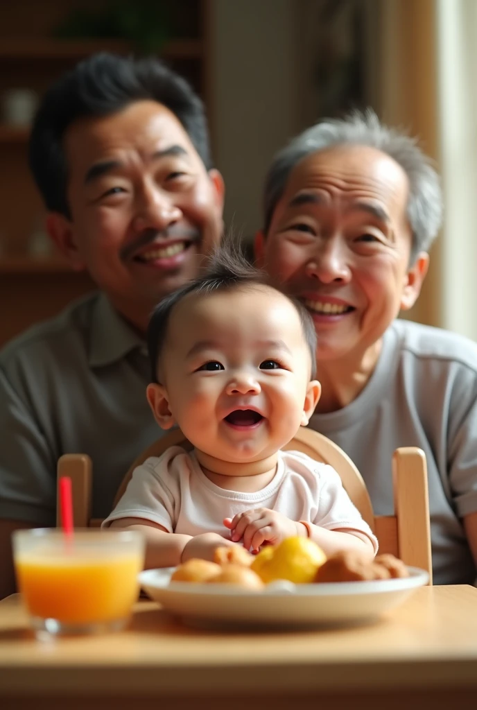 an indonesian baby celebrating her 6 month old age, sitting in a baby chair receiving her first solid meal. the baby is quite hairy Look happy and delightful. Her not young grand father of 50 look surprised standing behind. Photo realistic UHD image