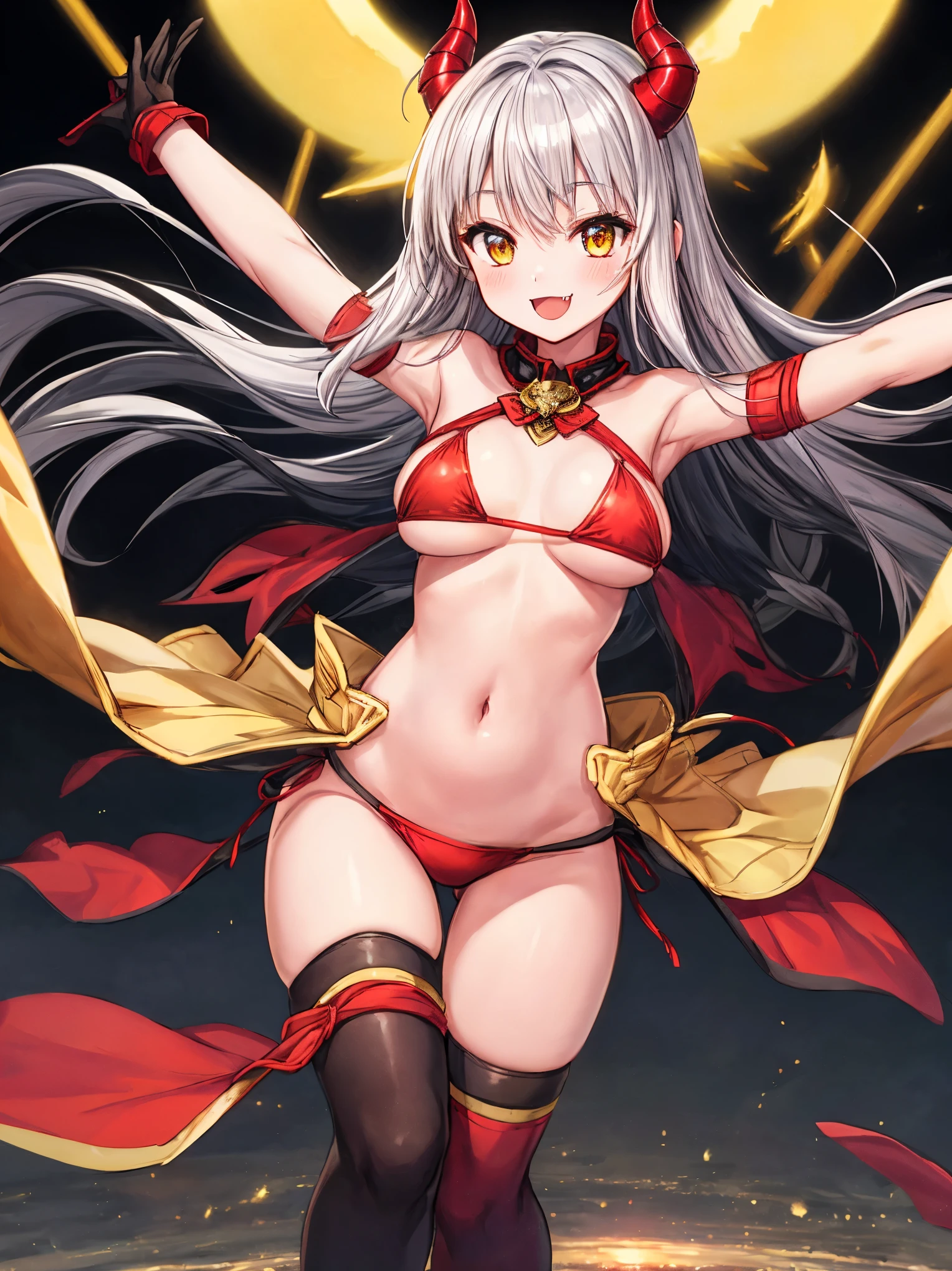 fantasy, 1devil_girl, low_, platina_blond_hair,long_bangs, bare_shoulder, navel out, thighhighs,silver_armor, red_Bikini,waist_armor, Glebe, hold_swords, large_tits, dynamic_floating_pose,Floating,(pelvic_curtain:1.3), silver_Headgear ,looking_down_at_sunrise_city_sky_background,,slightly_spread_legs,solo,horn ,smile,,open_legs,open_arms,rise_knee,rise_leg,rise_thigh,rise_leg,apart_legs,fang,Shiny_gold_eyes,crotch