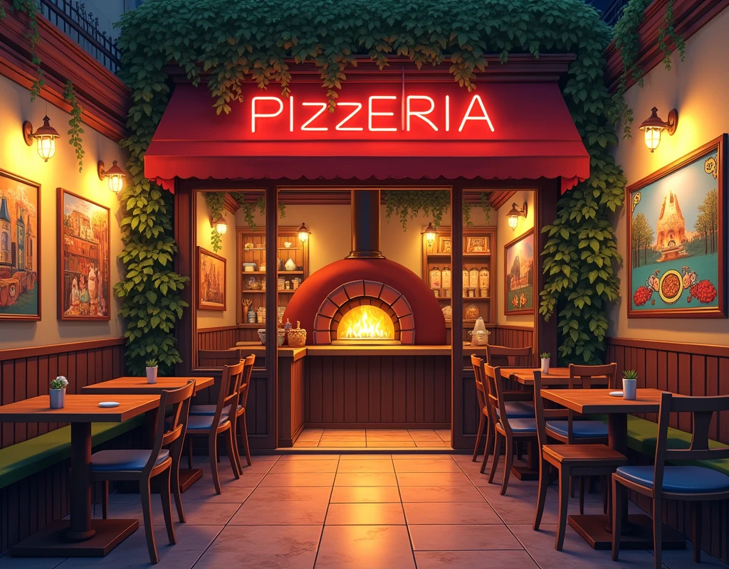 Pizzeria scenario, only the establishment, no customers, no employees, It's Night, view inside the anime style pizzeria
