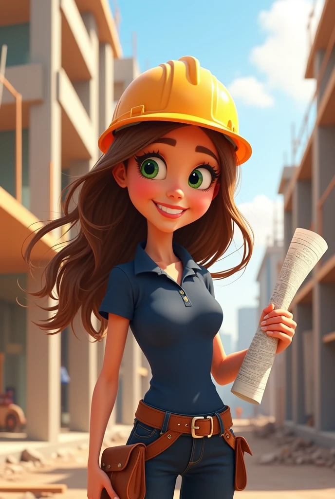 Beautiful white woman with brown hair and green eyes, smiling like an architect at a construction site, with white helmet, dark blue polo, Security boots, and have a plan in your right hand. all in pixar style