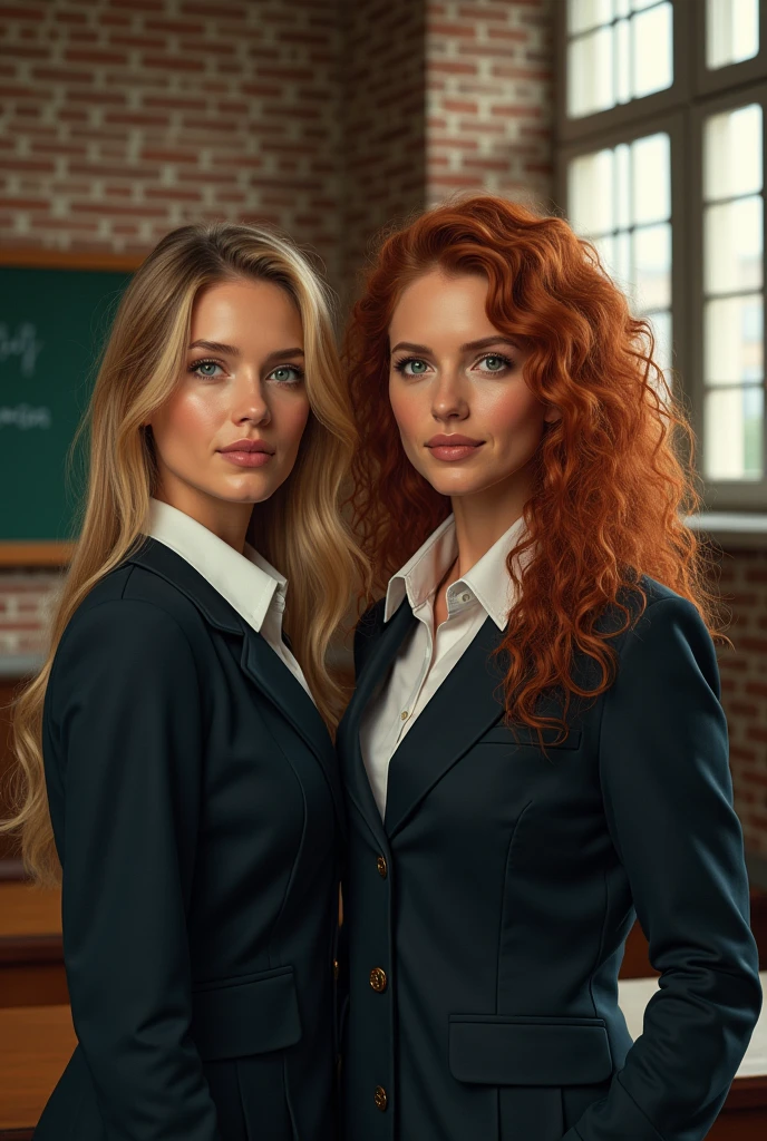 a highly detailed portrait of Cameron Diaz and Nicole Kidman as two high-school students in a private school in the UK, extremely realistic, photorealistic, hyper detailed, cinematic lighting, beautiful skin, detailed eyes, detailed lips, intricate school uniforms, school setting, interior of private school, brick walls, high ceilings, wooden desks, chalkboard, natural window lighting, depth of field, masterpiece, cinematic, dramatic, vivid colors, oil painting