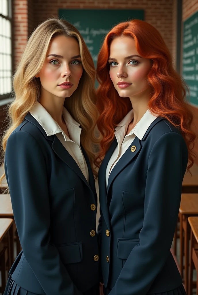 a highly detailed portrait of Cameron Diaz and Nicole Kidman as two high-school students in a private school in the UK, extremely realistic, photorealistic, hyper detailed, cinematic lighting, beautiful skin, detailed eyes, detailed lips, intricate school uniforms, school setting, interior of private school, brick walls, high ceilings, wooden desks, chalkboard, natural window lighting, depth of field, masterpiece, cinematic, dramatic, vivid colors, oil painting