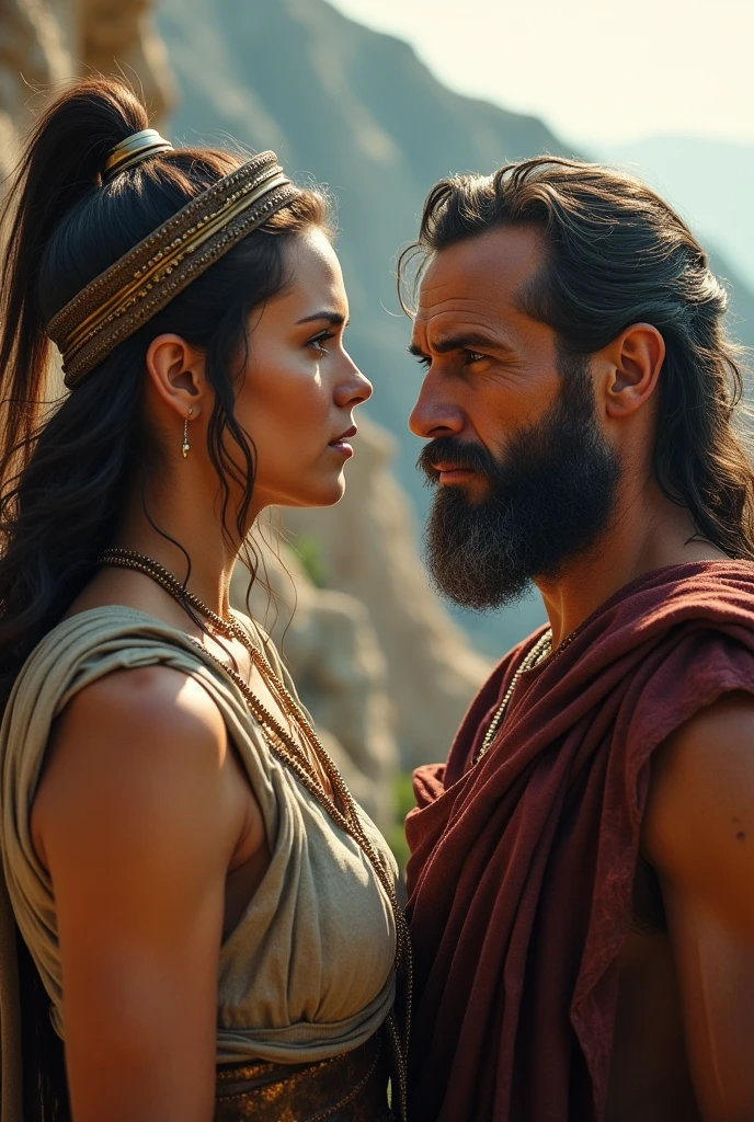 Atenea and Odiseo, a goddess guiding a determined hero on his journey, Ancient Greece, Atenea in battle attire with a calm and focused expression, Odiseo looking up to her for wisdom, with a rugged landscape in the background, close-up shot, hyper-realistic, photo realism, cinematography --ar 9:16