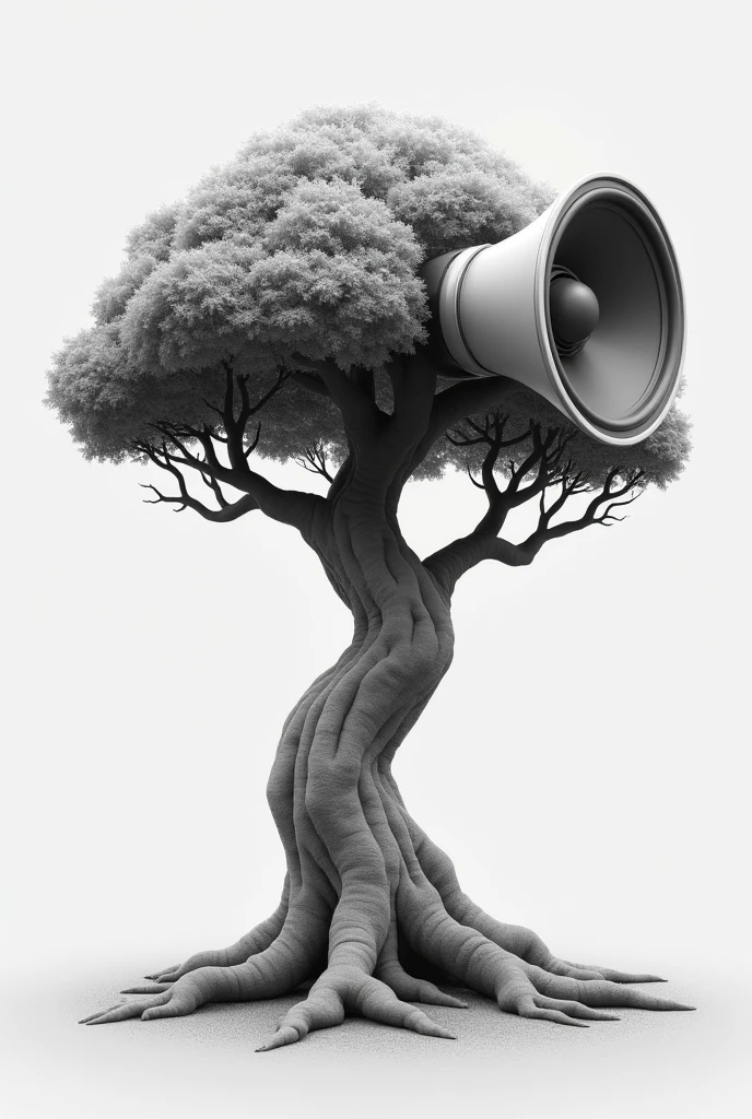 A black and white whimsical tree with a trunk that looks like a speaker,
Replace leaves are branches with a one Big internal speaker
Merge leaves and branches with the speaker , no leaves and branches will not appear 
Show only roots, stem and speaker 