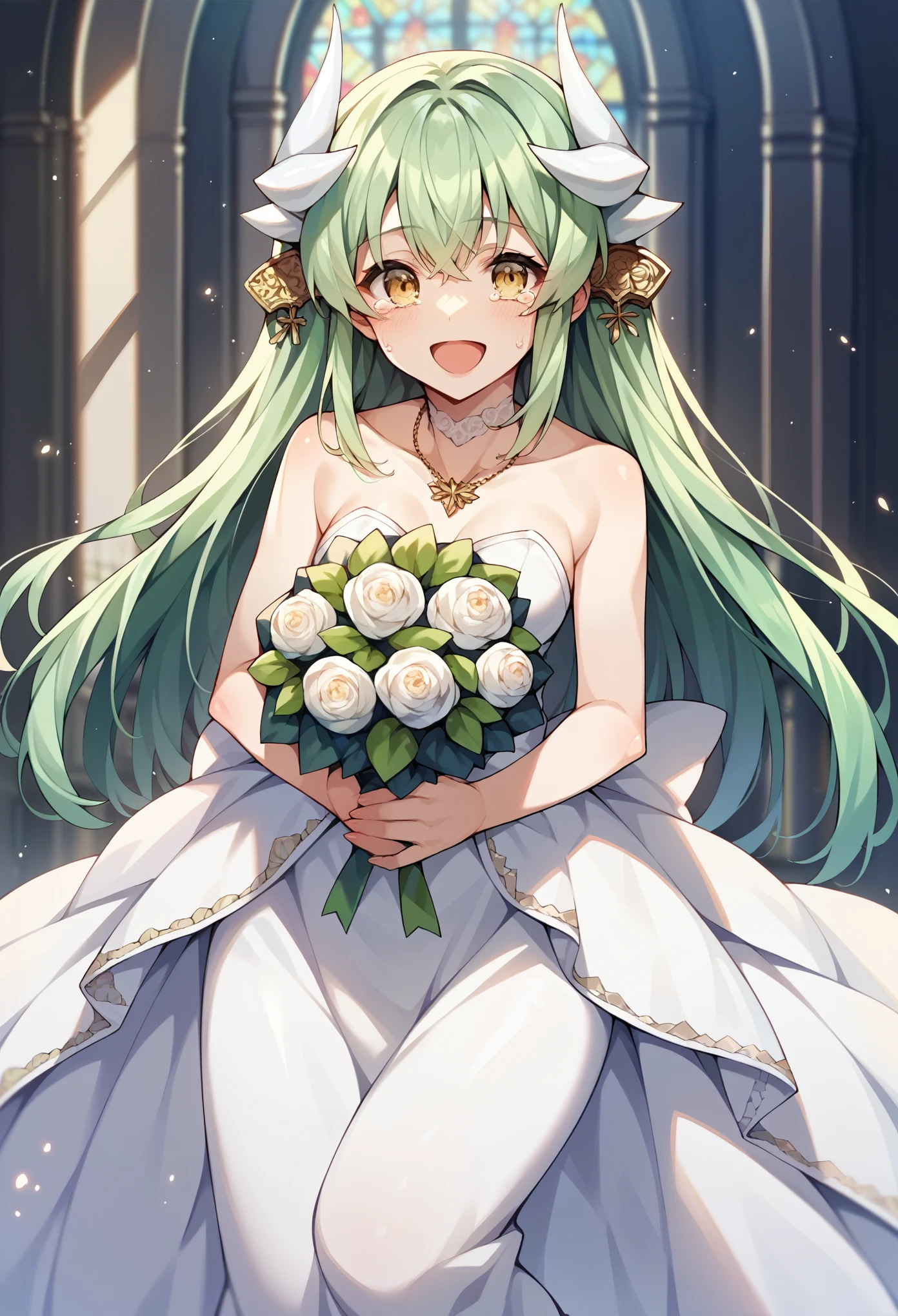 score_9,score_8_up,score_7_up,score_6_up,score_5_up,score_4_up, source_anime, aakiyo, long hair, green hair, white horns, hair ornament, yellow eyes, wedding dress, church, holding bouquet, smile, open mouth, tears,