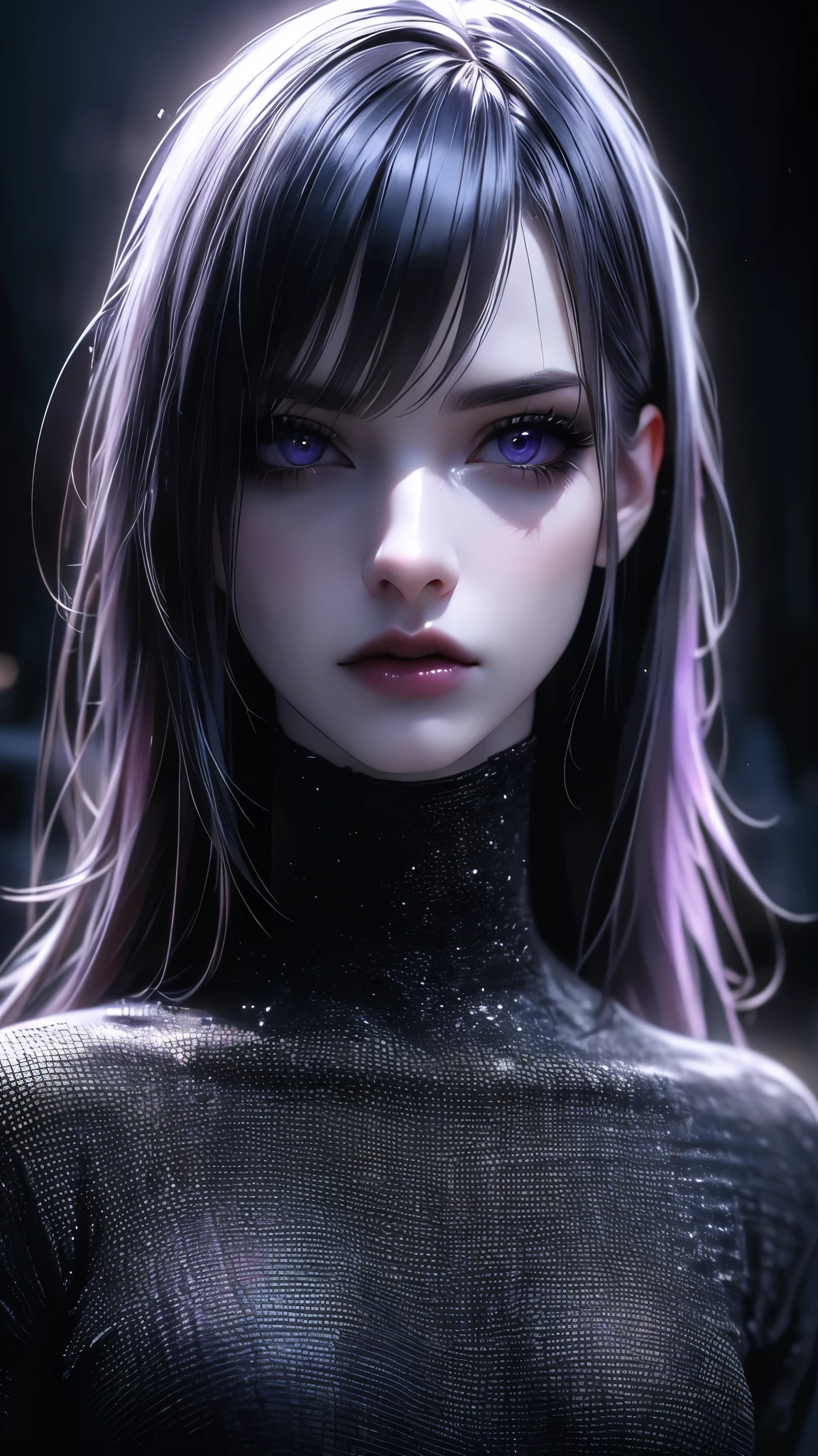 a beautiful emo girl, 1girl, detailed face, detailed eyes, detailed lips, long eyelashes, pale skin, black hair with purple highlights, dark makeup, black clothes, torn jeans, fishnets, dark atmosphere, moody lighting, dramatic shadows, muted colors, grunge aesthetic, (best quality,4k,8k,highres,masterpiece:1.2),ultra-detailed,(realistic,photorealistic,photo-realistic:1.37)