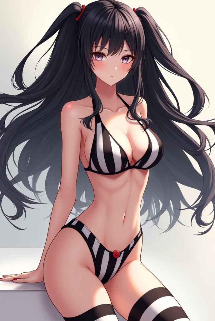 1girl, solo, long hair, looking at viewer, black hair, thighhighs, navel, twintails, swimsuit, bikini, open clothes, striped, lips, side-tie bikini bottom, striped thighhighs, striped bikini