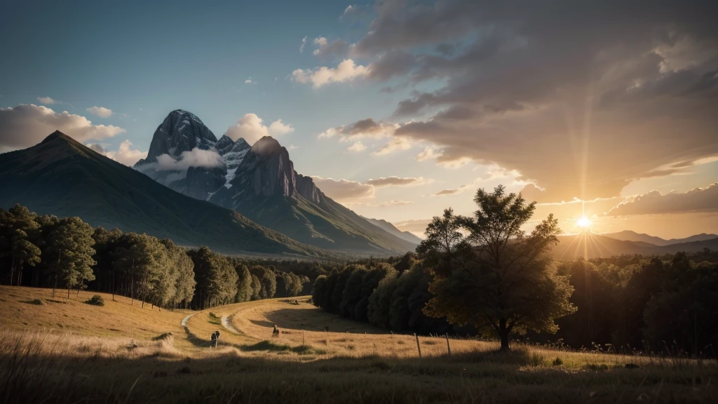 Generate images of South American and European nature, add dark tones to the images, and a beautiful strong orange sun, focus on the sun in the images with an air of hope and faith... Size 16:9 thumbnail style, when you can fit it add a cross wood in the background in the images. research before you start, and reflect. add a cross if possible, in the sun, in nature.
