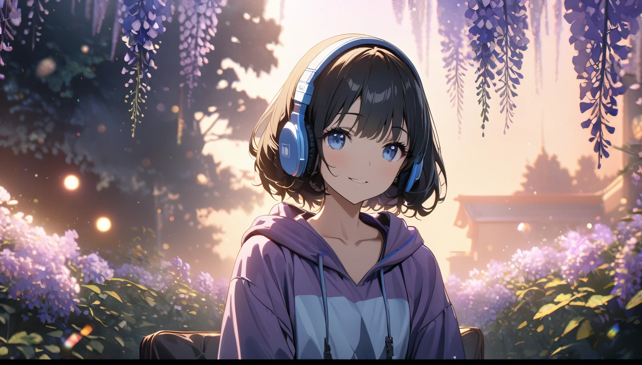 ((ultra-detailed))/(one women with short black hair and bob hair.、beautiful blue eyes,.、smile、gentle smile on her face、flat chest, one Beautiful girl,((masterpiece, illustration, best quality) ((ultra-detailed))/)Masterpiece\,wearing headphones and sitting the Japanese Wisteria trees while wearing purple hoodie,濃い青とBeautiful Blueのグラデーション, High resolution, 8K HD detail, hyper-detail, cinematic, surrealism, soft light, deep field focus bokeh, ray tracing and surrealism. --v6'