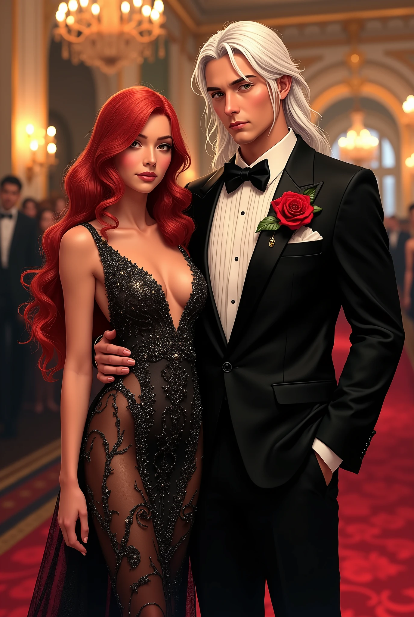 Man in suit and tie dark red hair black eyes accompanied by a woman wearing a red dress emerald green hair with giant Milf breasts armed with heavy equipment they are holding hands on the red carpet as they walk to a party