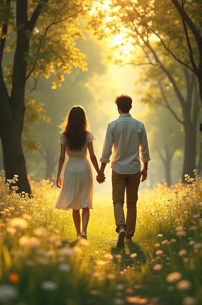 A man and a woman holding hands walking in a forest of trees with yellow flowers 