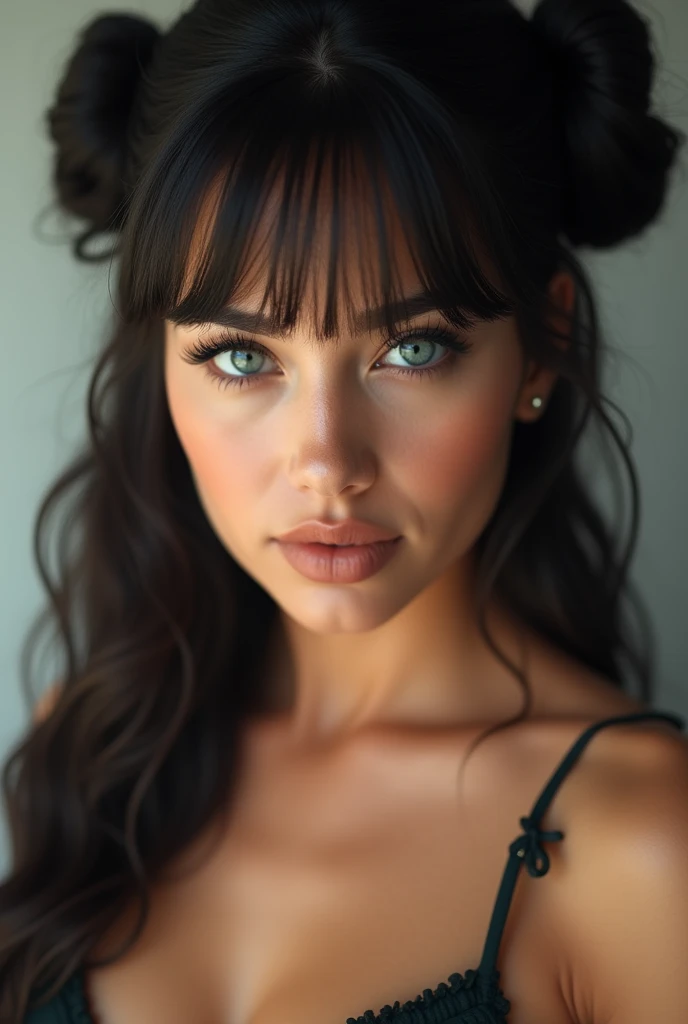 A black woman aged 19, 1girl, solo, curvy, athletic build, dark-skinned, huge breasts, tall, wearing a blue sweater, wearing leggings, black hair, brown eyes, African nose, big lips, long wavy hair, parted bangs, constricted pupils, seductive gaze, Realism, cinematic lighting, bust chart, perspective, Ultra-Wide Angle, Nikon, masterpiece, high quality, super detail, textured skin, highres, best quality, whole-body photo