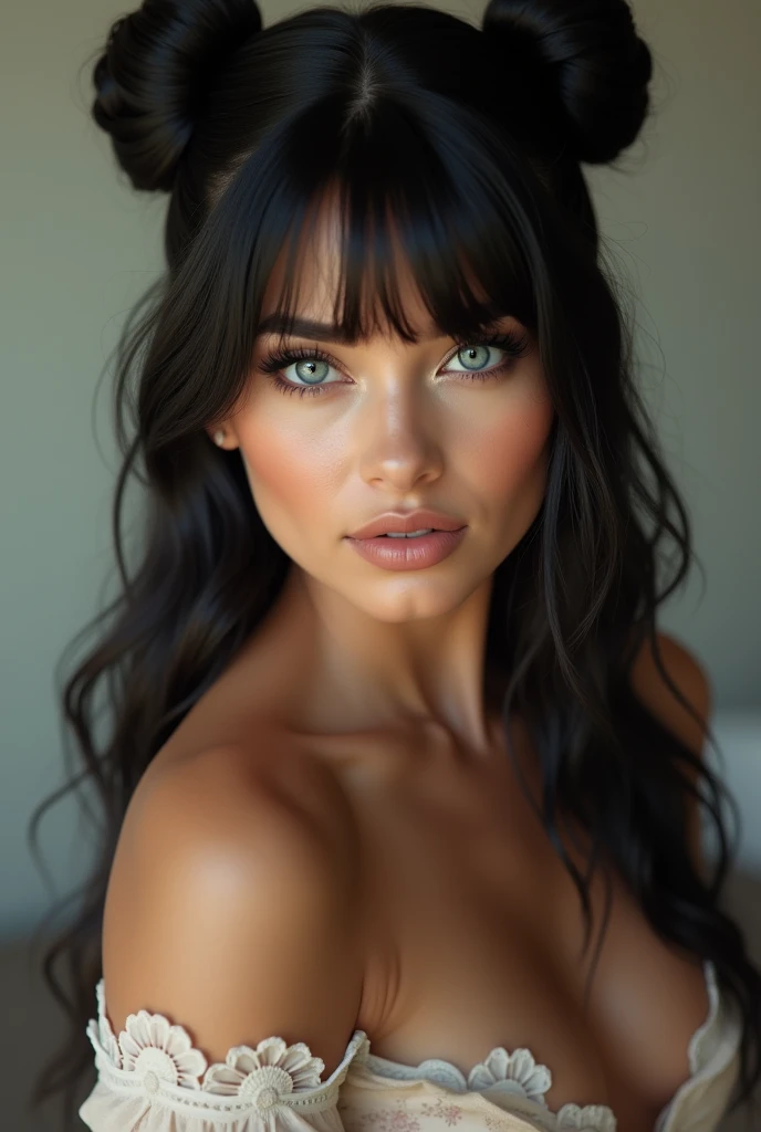 Mexican A beautiful pale-skinned Latina , eyes blue, full body, perfect body, two buns, straight bangs, (best quality,4k,8k,highres,masterpiece:1.2),ultra-detailed,(realistic,photorealistic,photo-realistic:1.37),HDR,UHD,studio lighting,ultra-fine painting,sharp focus,physically-based rendering,extreme detail description,professional,vivid colors,bokeh,portraiture,glamour,sensual,alluring, in style of Retna, Close up portrait