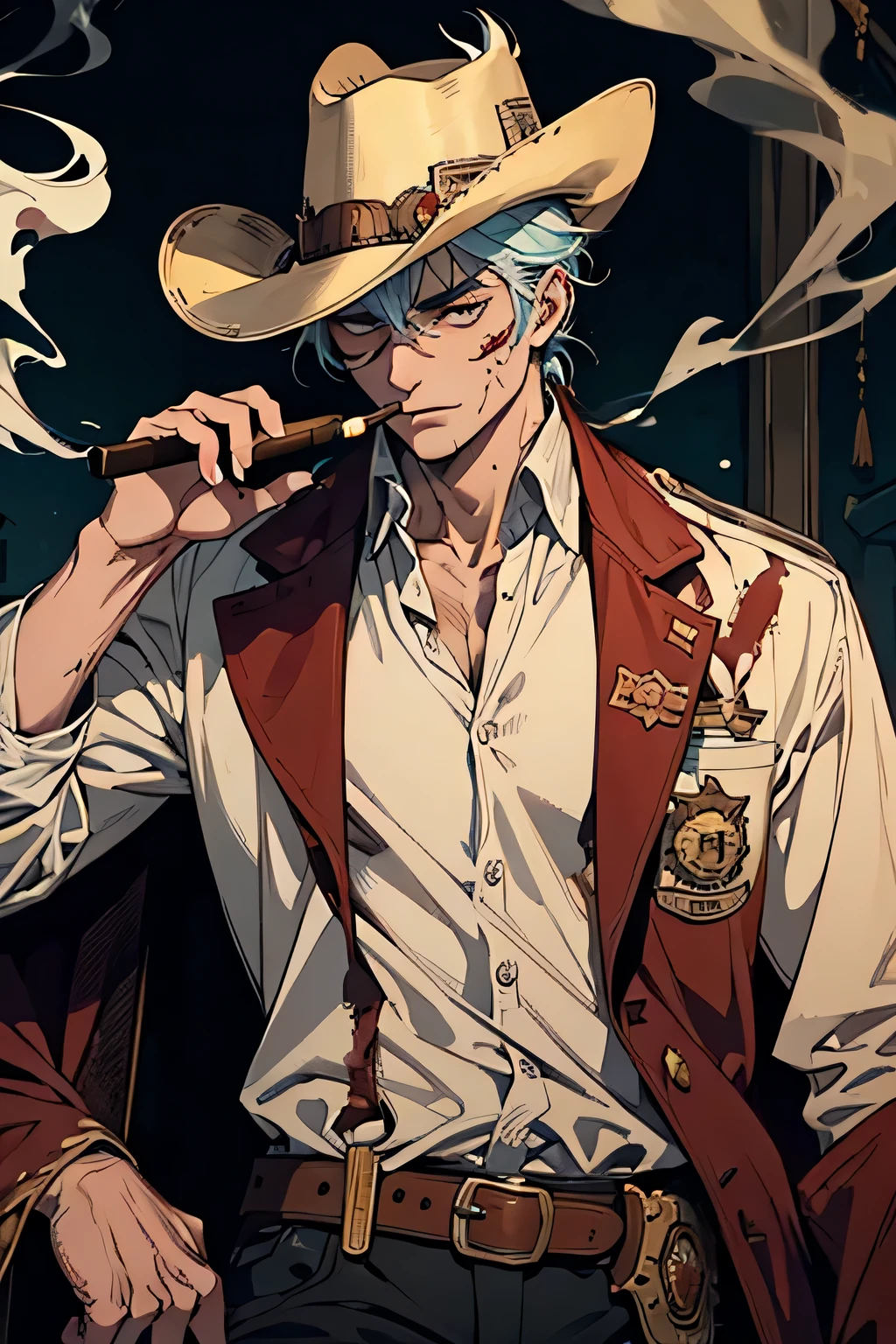 A young sheriff from the Wild West with 3rd degree burns all over his face, smoking a cigar, deteriorated skin, scarring all over his body, anime art