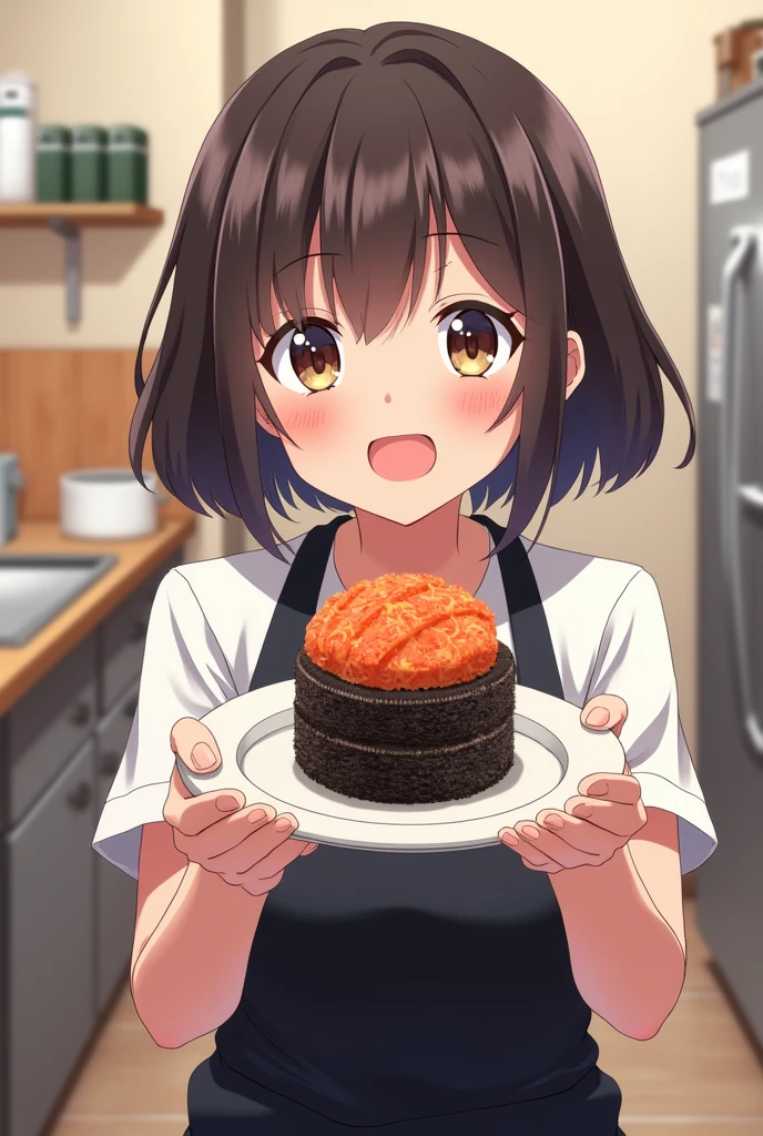 Person holding a plate with sushi-shaped Oreo on top in an anime container wearing a black apron
