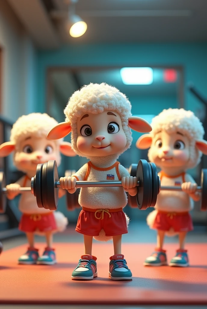 3 cute animated sheep lifting weights in a gym, without the people behind