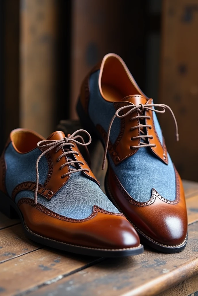 a unique footwear Brown oxford shoes crafted from mixed cow's skin combined with jeans