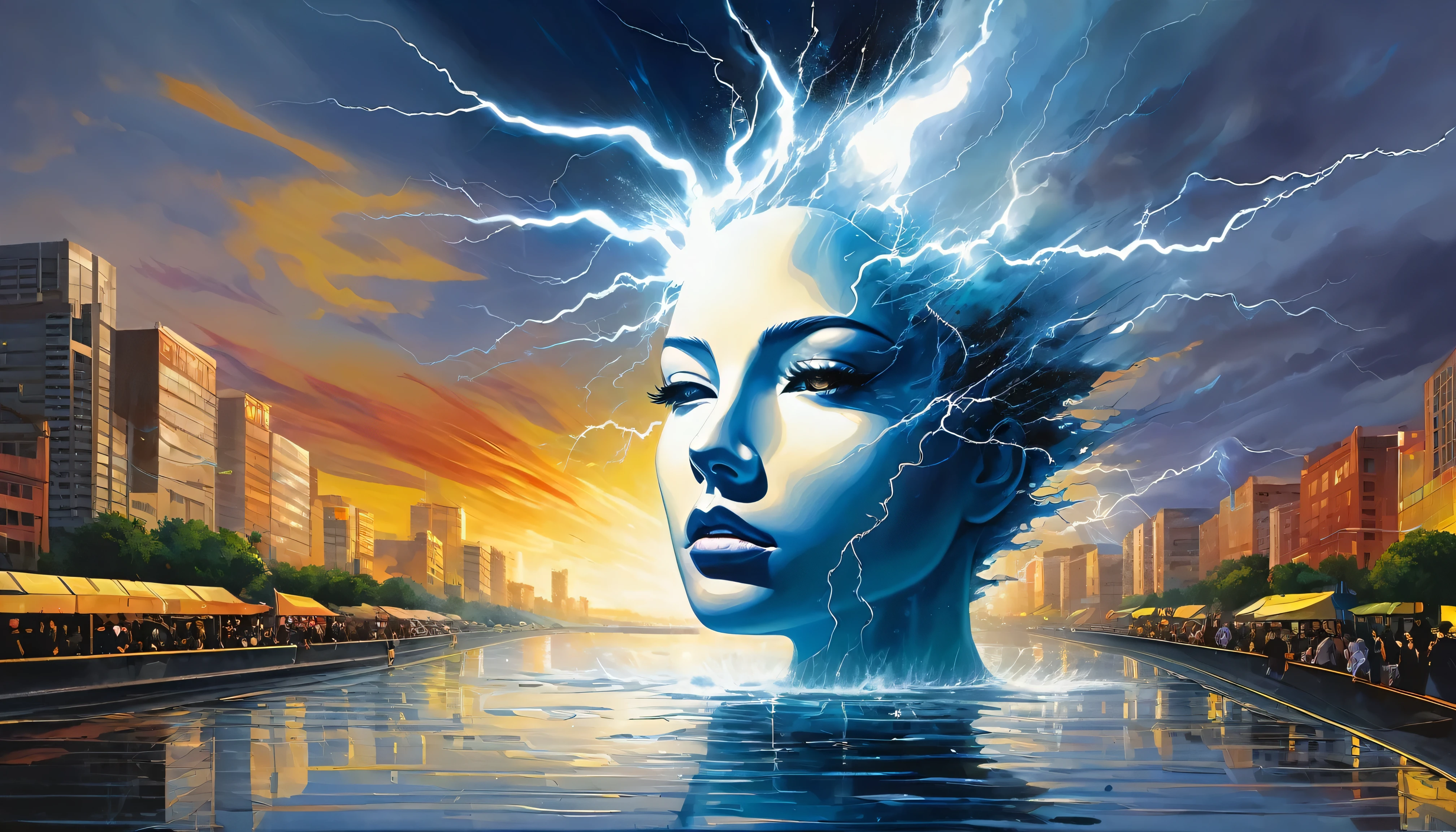 Abstract face in a city landscape, Realist paintings by Marc English , [:Anime Line Art:0.2], The theme is celestial bodies, heat, lightning, and water., epic splash art , Self-sastructing art, , Abstract