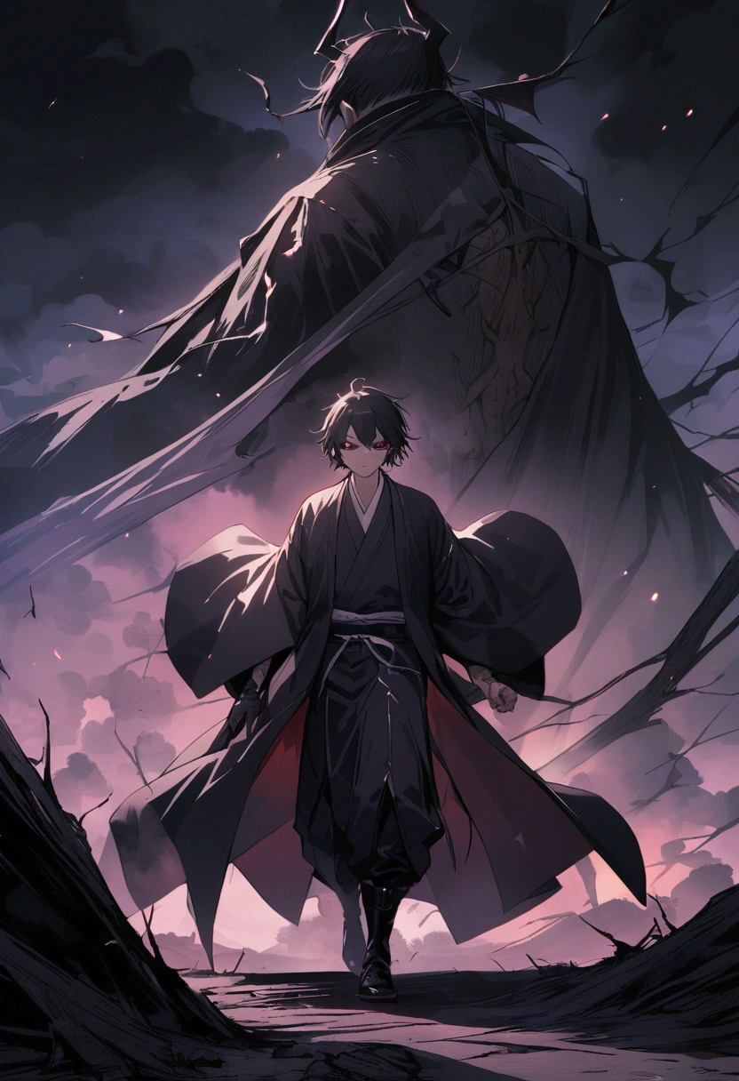 Red and black haired boy, with veins marked with black sclera and a purple pupil, full of marks on his body a kimono and kny demon hunter clothes