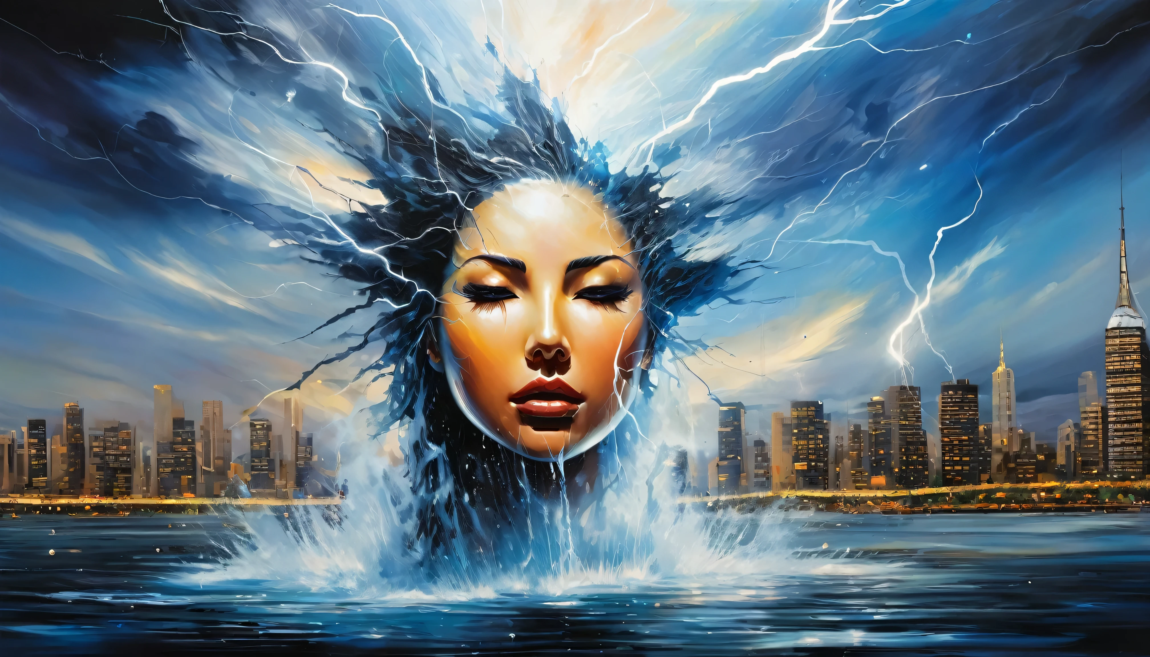 Abstract face in a city landscape, Realist paintings by Marc English , [:Anime Line Art:0.2], The theme is celestial bodies, heat, lightning, and water., epic splash art , Self-sastructing art, , Abstract
