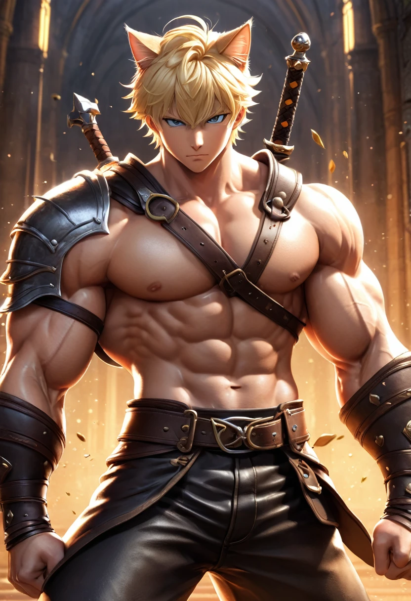 young, Blonde, Cat ear, (12, sweating), Trained abdominal muscles, Chiseled pectoral muscles, 真swordな表情, ((3D anime art style)), sword, Combat Stance, Leather Strap, Leather Armor,juvenile,male,Huge muscles,