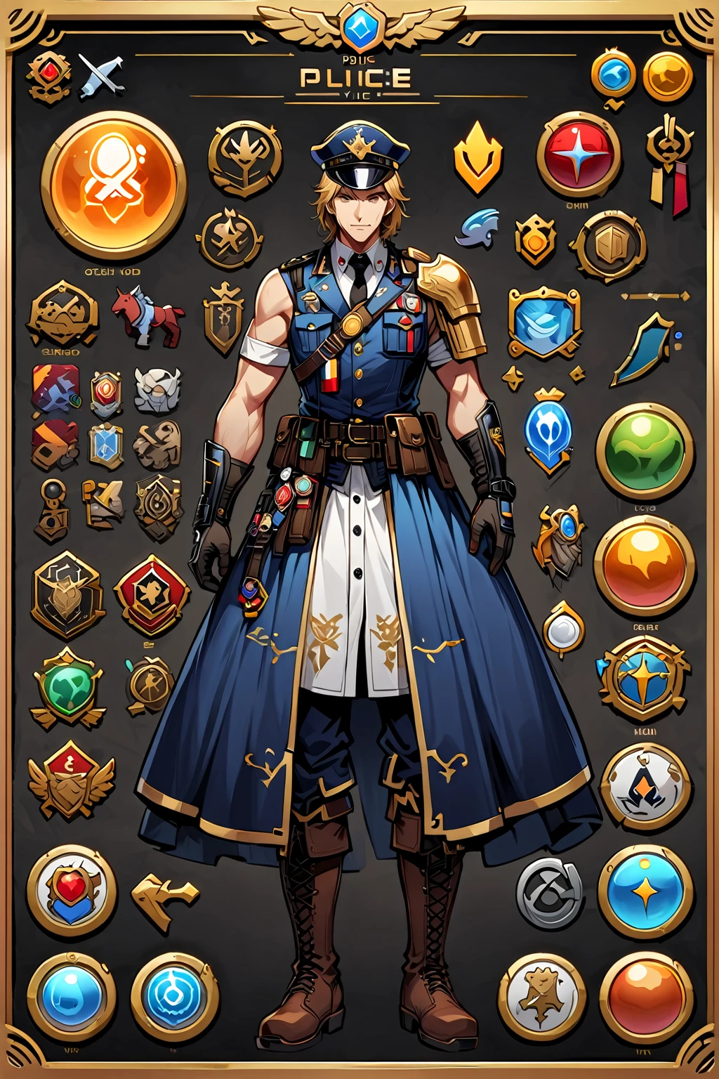 Framed Presentation of a police, man character design sheet for a video game with detailed accessories, boots, multiple icons, and police costume, Ball Gown, buttons to customize the character to your liking, sphere,(game icon),medal icon,rpg,(game icon),medal icon,rpg,(sheild icon),(magic icon),