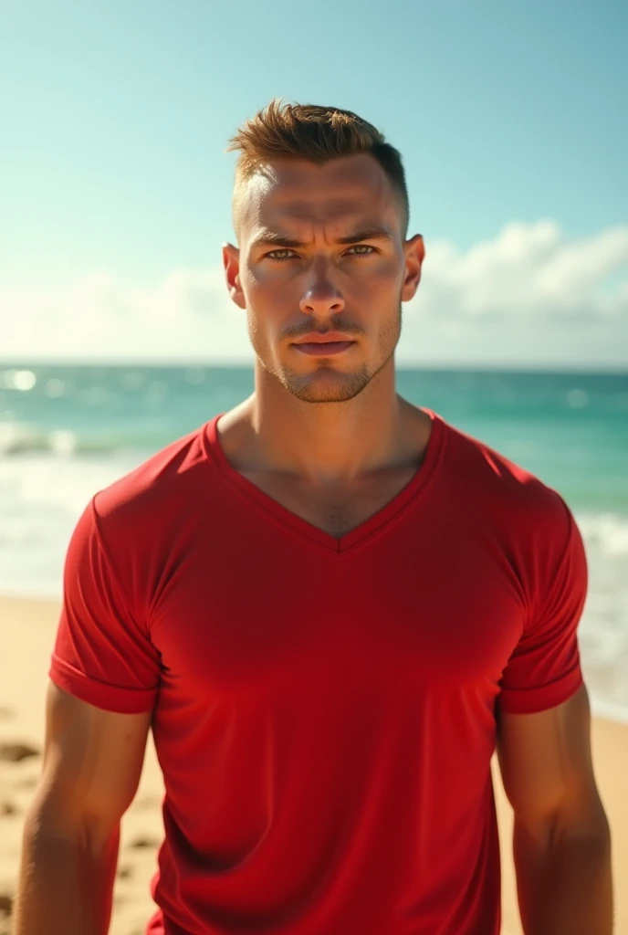 Photorealistic image of Elon Musk wearing a red Bikini