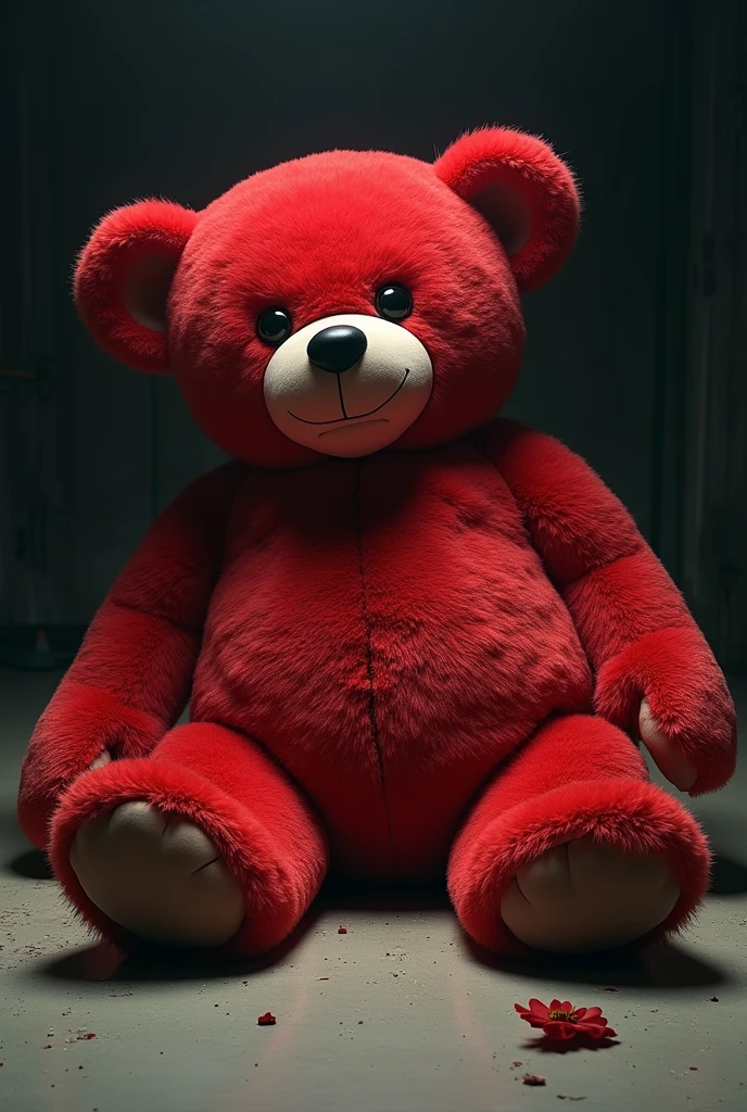 A LARGE RED TEDDY BEAR KIDNAPPED LYING ON THE FLOOR