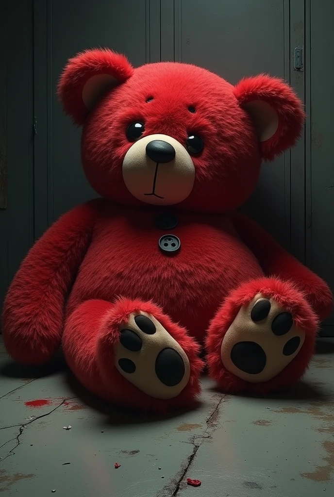 A LARGE RED TEDDY BEAR KIDNAPPED LYING ON THE FLOOR