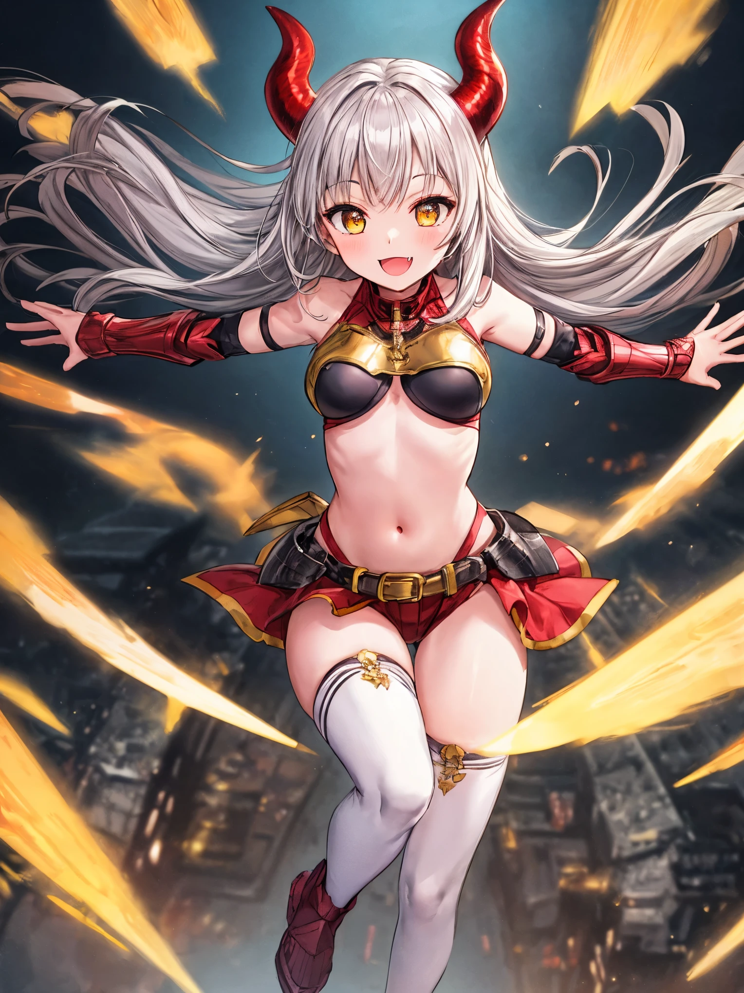 fantasy, 1devil_girl, low_teen, platina_blond_hair,long_bangs, bare_shoulder, navel out, thighhighs,silver_armor, red_wear,waist_armor, Glebe, hold_swords, large_tits, dynamic_floating_pose,Floating,(pelvic_curtain:1.3), silver_Headgear ,looking_down_at_sunrise_city_sky_background,,slightly_spread_legs,solo,horn ,smile,,open_legs,open_arms,rise_knee,rise_leg,rise_thigh,rise_leg,apart_legs,fang,Shiny_gold_eyes,crotch