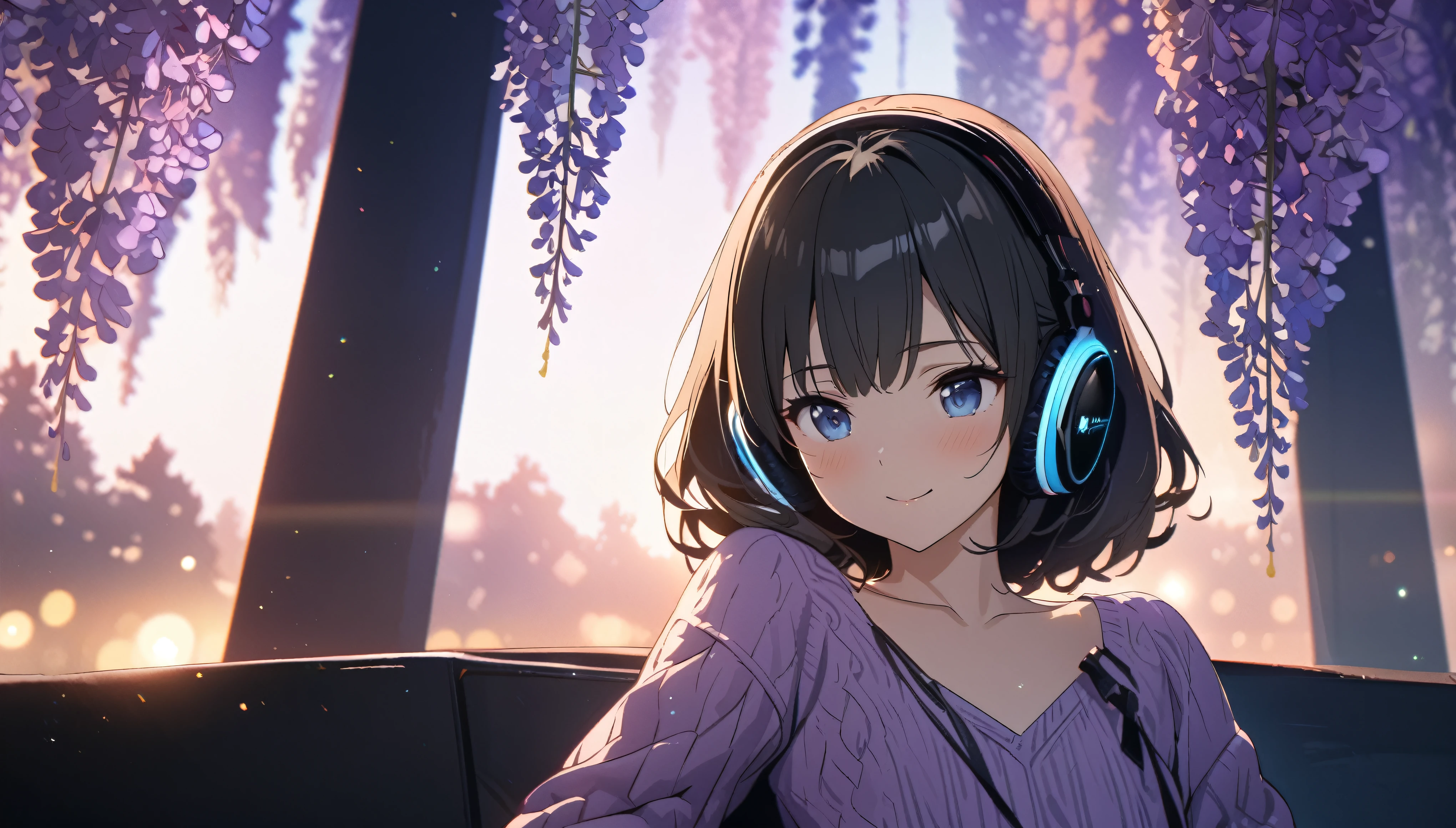 ((ultra-detailed))/(one women with short black hair and bob hair.、beautiful blue eyes,.、smile、gentle smile on her face、flat chest, one Beautiful girl,((masterpiece, illustration, best quality) ((ultra-detailed))/)Masterpiece\,wearing headphones and sitting the Japanese Wisteria trees while wearing purple sweater,濃い青とBeautiful Blueのグラデーション, High resolution, 8K HD detail, hyper-detail, cinematic, surrealism, soft light, deep field focus bokeh, ray tracing and surrealism. --v6'