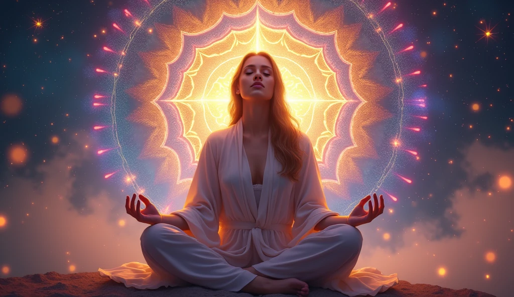 woman meditating being enlightened by the divine spirit, in the background a colorful mandala