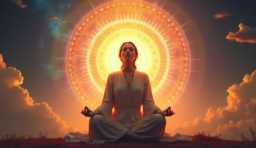 woman meditating being enlightened by the divine spirit, in the background a colorful mandala