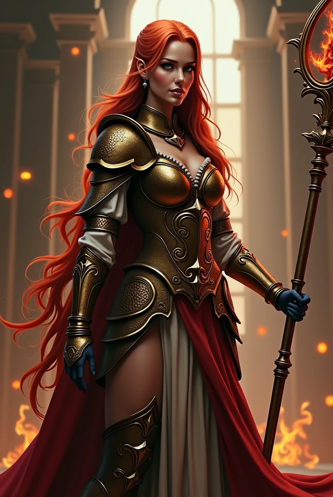 Beautiful girl in full growth , sorceress fire, in armor, stands at full height with a staff in his hands, off-shoulder, with long red hair, in room, soft lighting, Fighting pose, Fantasy, complex parts, warm colors full body 