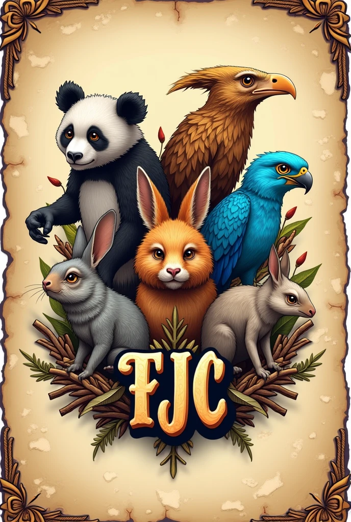 A kind of old school logo for a treasure hunt, with the following animals: um macaco, a panda, A rabbit, A lizard, an eagle and a blue macaw. add an acronym FJC