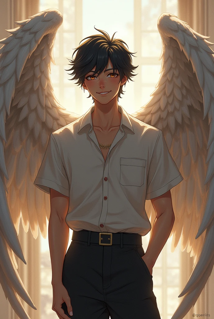 
Teenager Donanet is tall and has a robust build. He has a friendly smile and a relaxed demeanor..
Donanet has short black hair.
His eyes are a dark brown color, expressive and warm.
She is a level 3 angel With four powerful wings Supernatural beauty 