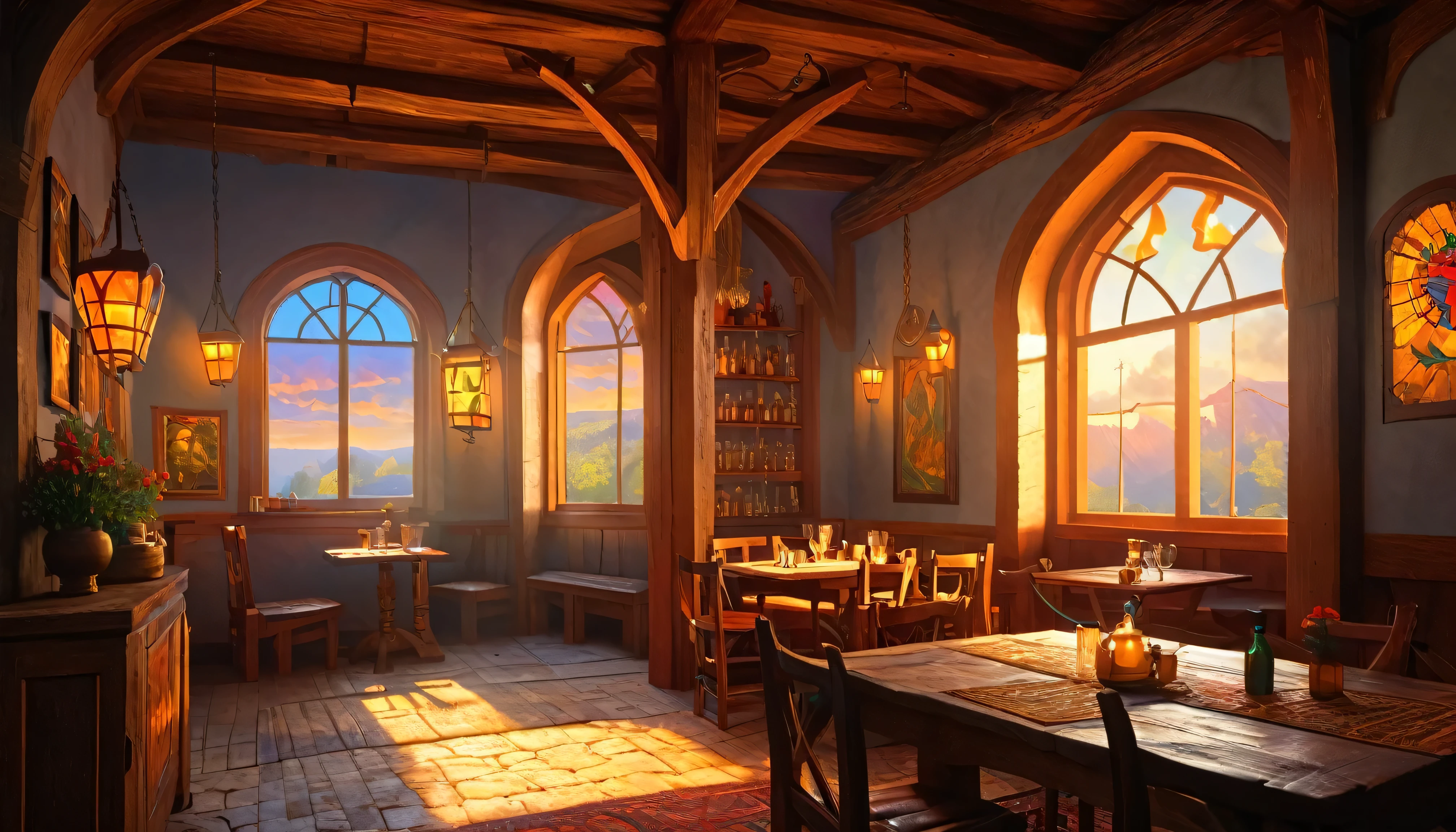 Young redhead woman, Medieval Tales Tavern, Exquisitely crafted and colorful interior, Detailed intense sunrise lightning, Best Geometry, Award-winning masterpiece, Very complex shadows and lighting, Best lighting, Best Shadow, Complex and busy setup, A hot topic on art station, Global Illumination, Self-luminous, Bioluminescence, Mid-Journey Style, art:albert bierstadt