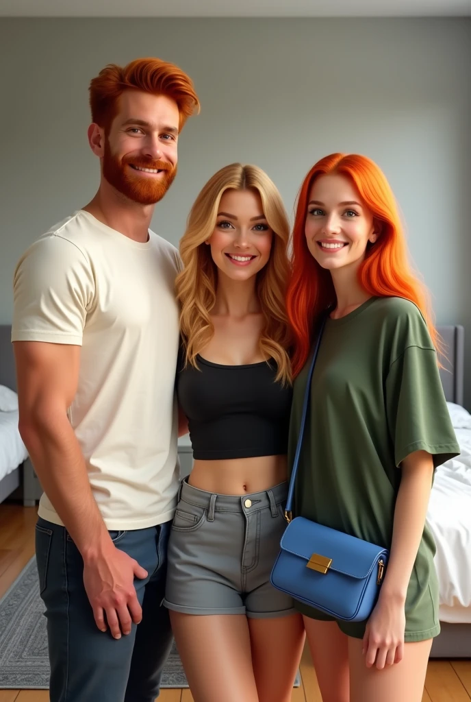(photorealism:1.2), Casual, candid photo of three young adults in a bedroom. The layout is vertical, with the subjects standing close to each other, smiling. The person on the left is a tall man with short, American-style red hair, a well-defined red beard, a light skin tone, and is wearing a white t-shirt. The person in the middle is a woman with long, vibrant blonde hair, a light skin tone, and is wearing a black crop top and shorts. The person on the right is a woman with long, straight red hair, a light skin tone, and is wearing an oversized green t-shirt with a blue crossbody bag. The room has a bed with white sheets, a gray rug, and a hardwood floor.